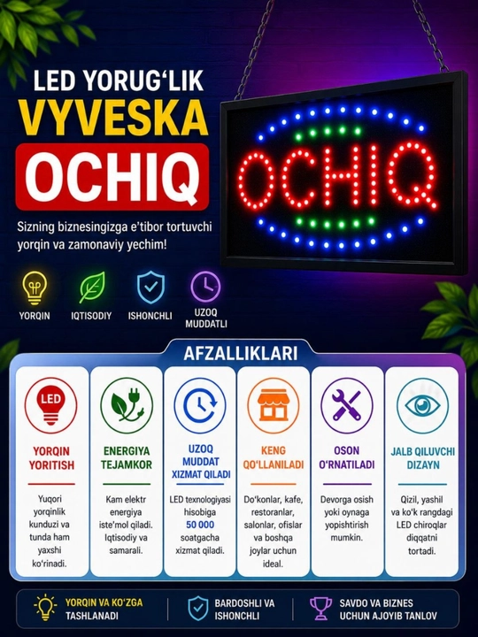 LED reklama doskasi (Ochiq, Coffee) yozuvi 48x25 sm - 