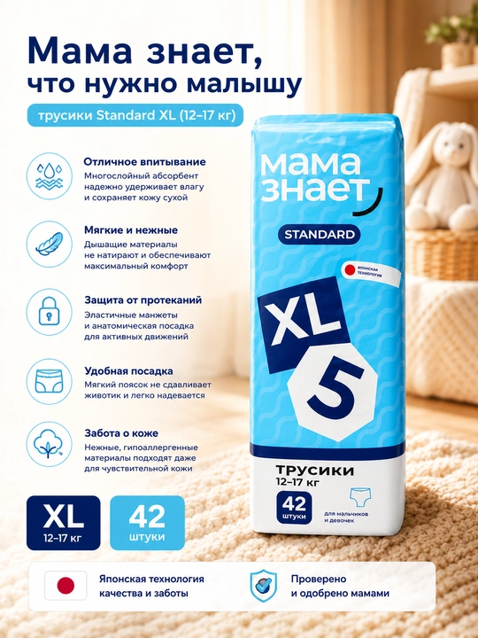 Onam Standard XL taglik-ichki kiyimlarini biladilar, 12-17 kg, 42 dona - 