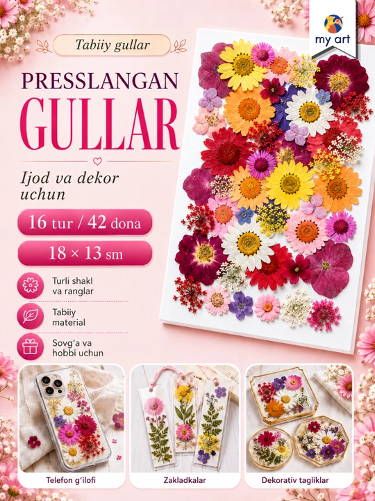 Presslangan gullar, tabiiy qurutilgan gullar, ijod uchun