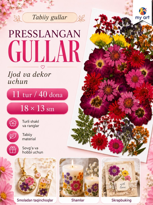Presslangan gullar, tabiiy qurutilgan gullar, ijod uchun