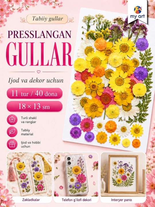 Presslangan gullar, tabiiy qurutilgan gullar, ijod uchun