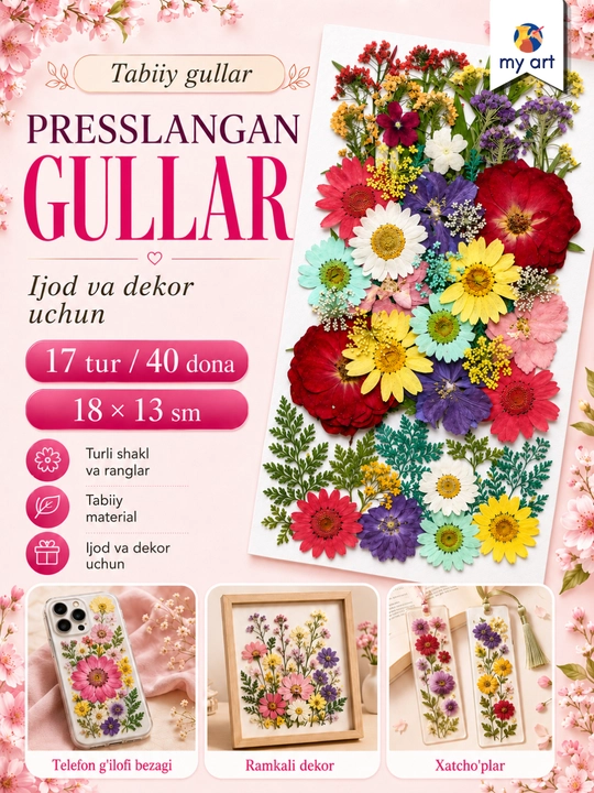 Presslangan gullar, tabiiy qurutilgan gullar, ijod uchun