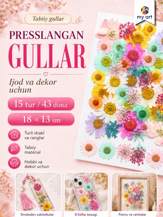 Presslangan gullar, tabiiy qurutilgan gullar, ijod uchun