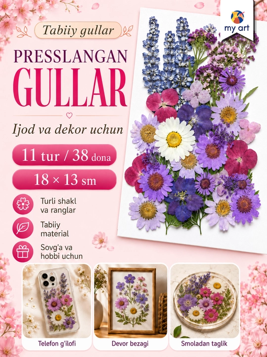 Presslangan gullar, tabiiy qurutilgan gullar, ijod uchun