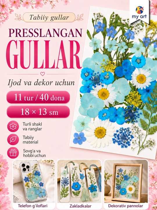 Presslangan gullar, tabiiy qurutilgan gullar, ijod uchun