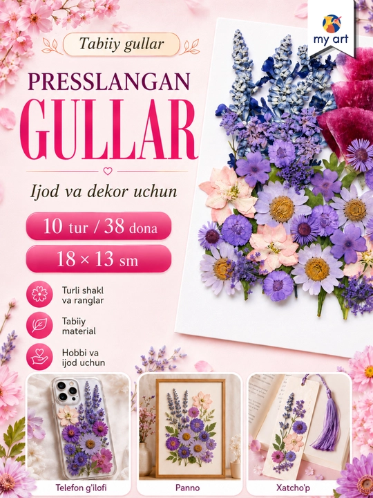 Presslangan gullar, tabiiy qurutilgan gullar, ijod uchun