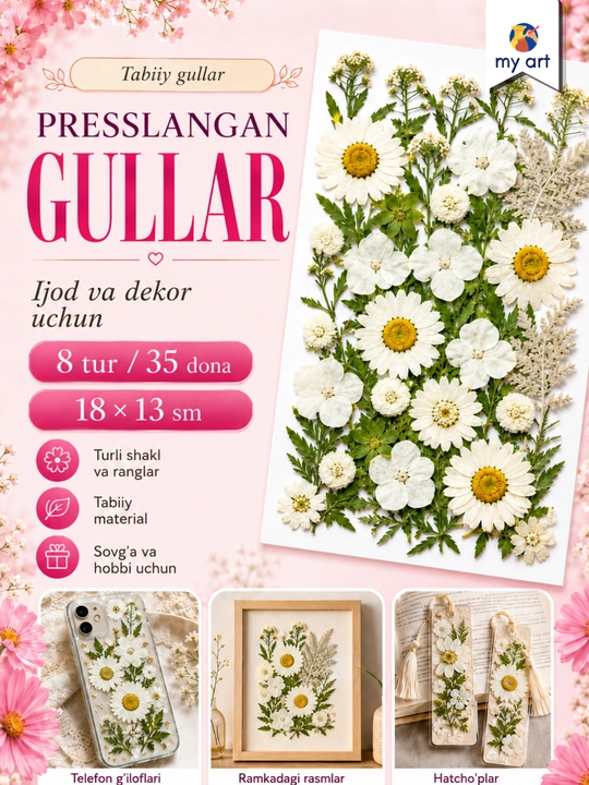 Presslangan gullar, tabiiy qurutilgan gullar, ijod uchun