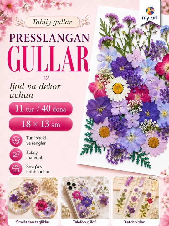 Presslangan gullar, tabiiy qurutilgan gullar, ijod uchun