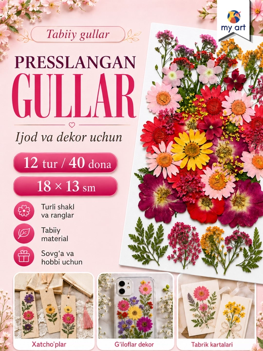 Presslangan gullar, tabiiy qurutilgan gullar, ijod uchun