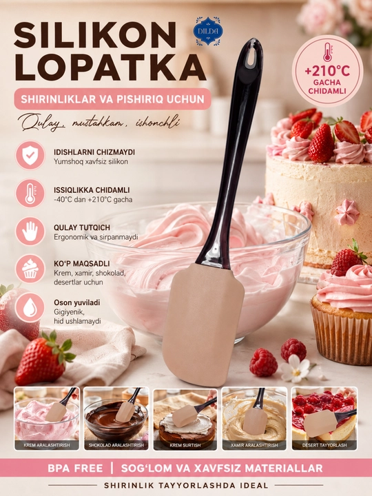 Силиконовая лопатка для крема и теста, термостойкая кухонная spatula - 