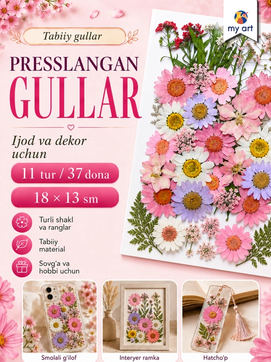 Presslangan gullar, tabiiy qurutilgan gullar, ijod uchun