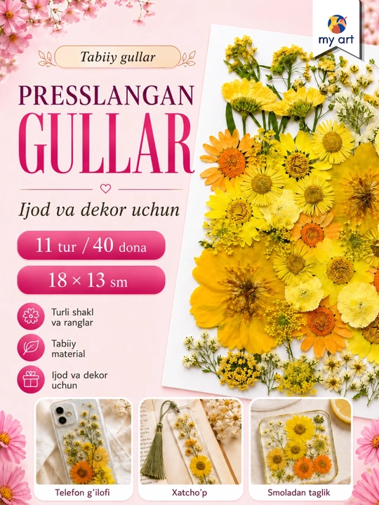 Presslangan gullar, tabiiy qurutilgan gullar, ijod uchun