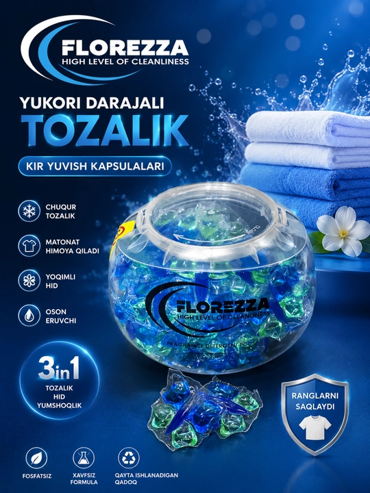 FLOREZZA Kir Yuvish Kapsulalari 3in1 – Kuchli Tozalik va Yoqimli Hid - 