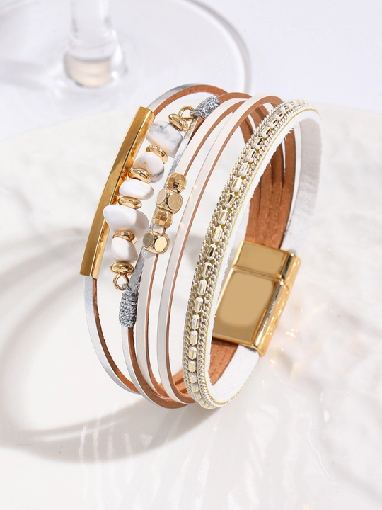 Tabiiy toshlar va magnit qulfli ayollar uchun ko‘p qatlamli charm bilaguzuk, Boho - 