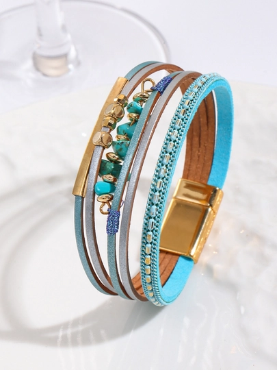 Tabiiy toshlar va magnit qulfli ayollar uchun ko‘p qatlamli charm bilaguzuk, Boho - 