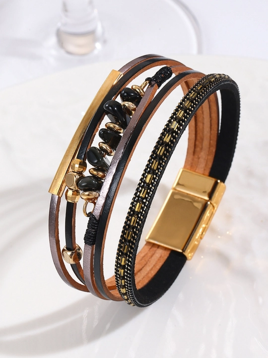 Tabiiy toshlar va magnit qulfli ayollar uchun ko‘p qatlamli charm bilaguzuk, Boho - 