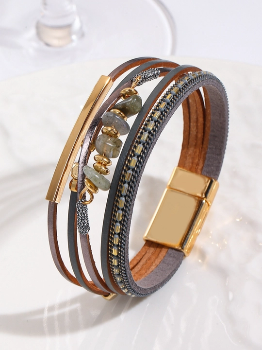 Tabiiy toshlar va magnit qulfli ayollar uchun ko‘p qatlamli charm bilaguzuk, Boho - 