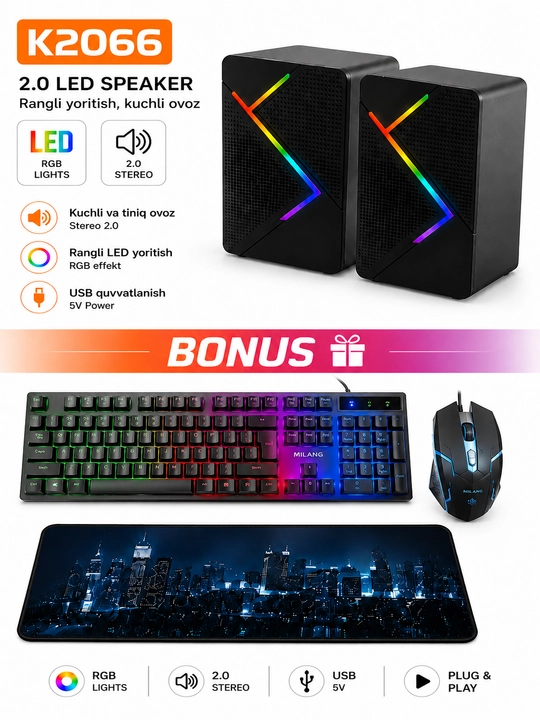 To‘plamga K2066 RGB LED 2.0 karnay, RGB klaviatura va o‘yin sichqonchasi kiradi