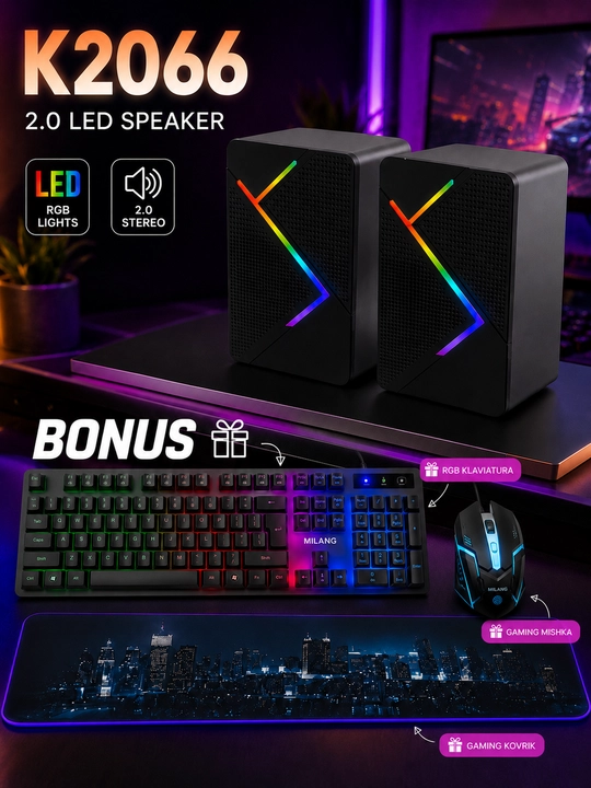 To‘plamga K2066 RGB LED 2.0 karnay, RGB klaviatura va o‘yin sichqonchasi kiradi - 