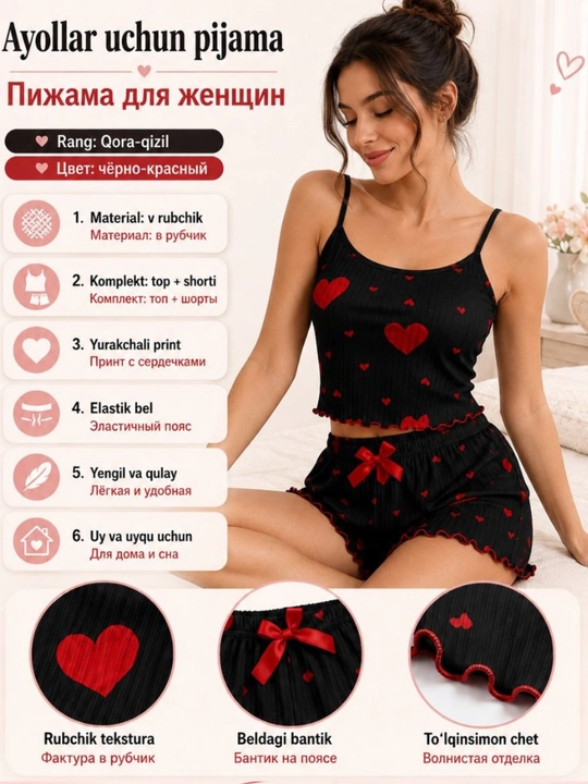 Ayollar pijamasi 2 tasi 1 tada, 2 ta o'lcham katta oling, shortikli uy kiyimi, pijama - 