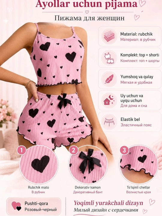 Ayollar pijamasi 2 tasi 1 tada, 2 ta o'lcham katta oling, shortikli uy kiyimi, pijama