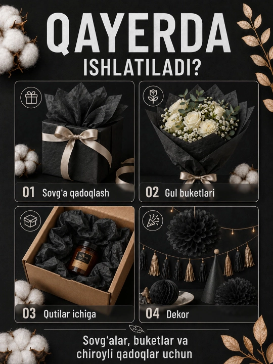 Sovg‘alar, gullar va qo‘l mehnati uchun mo‘ljallangan, 50×66 sm o‘lchamdagi, 10 varaq qadoqlash uchun mo‘ljallangan tushyu qog‘ozi