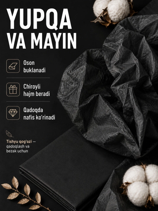 Sovg‘alar, gullar va qo‘l mehnati uchun mo‘ljallangan, 50×66 sm o‘lchamdagi, 10 varaq qadoqlash uchun mo‘ljallangan tushyu qog‘ozi