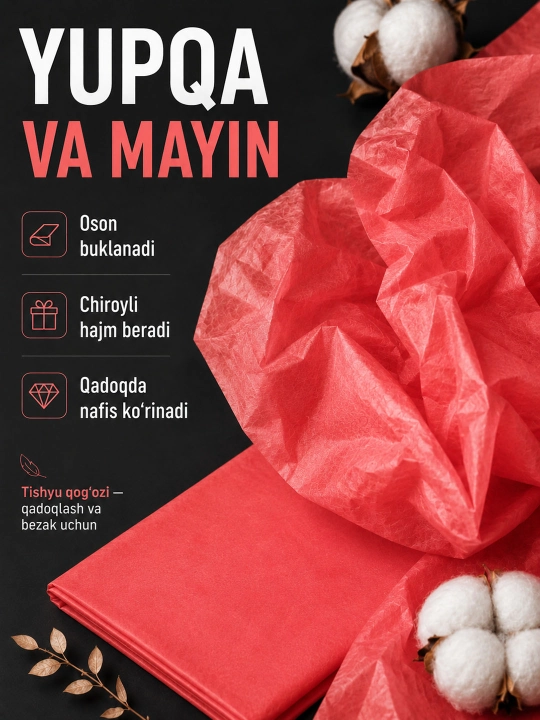 Sovg‘alar, gullar va qo‘l mehnati uchun mo‘ljallangan, 50×66 sm o‘lchamdagi, 10 varaq qadoqlash uchun mo‘ljallangan tushyu qog‘ozi