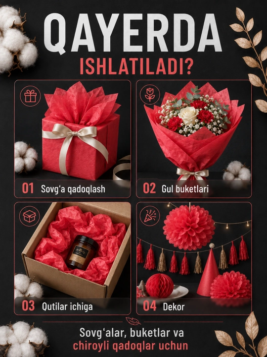 Sovg‘alar, gullar va qo‘l mehnati uchun mo‘ljallangan, 50×66 sm o‘lchamdagi, 10 varaq qadoqlash uchun mo‘ljallangan tushyu qog‘ozi