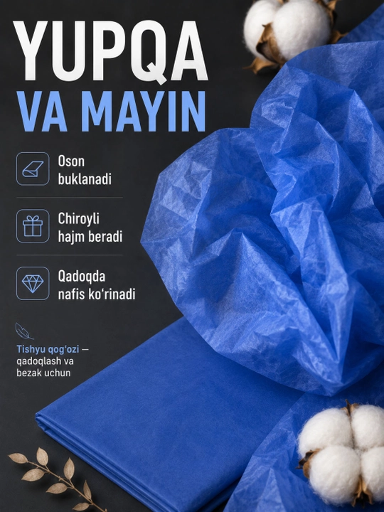 Sovg‘alar, gullar va qo‘l mehnati uchun mo‘ljallangan, 50×66 sm o‘lchamdagi, 10 varaq qadoqlash uchun mo‘ljallangan tushyu qog‘ozi
