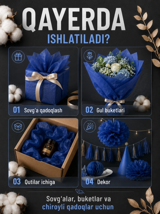 Sovg‘alar, gullar va qo‘l mehnati uchun mo‘ljallangan, 50×66 sm o‘lchamdagi, 10 varaq qadoqlash uchun mo‘ljallangan tushyu qog‘ozi