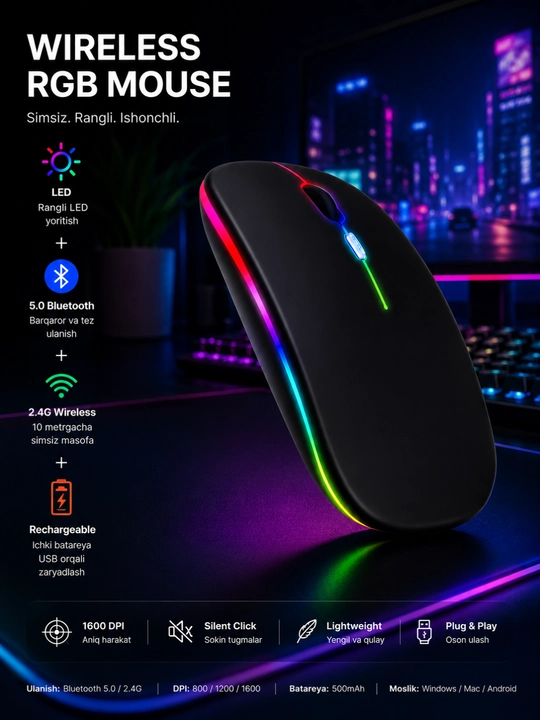 LED Wireless Mouse – Беспроводная компьютерная мышь с яркой RGB подсветкой - 
