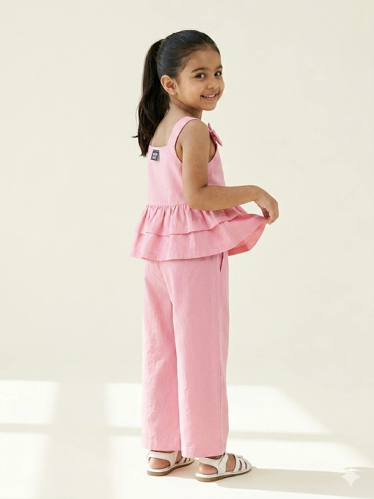 Qizlar uchun yozgi nafis set, pushti top va keng shim, yengil va qulay kiyim, 3-6 yosh