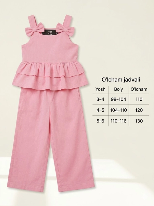 Qizlar uchun yozgi nafis set, pushti top va keng shim, yengil va qulay kiyim, 3-6 yosh