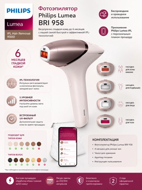 Фотоэпилятор Philips Lumea BRI958, для зоны бикини, лица, тела, с датчиком цвета кожи - 