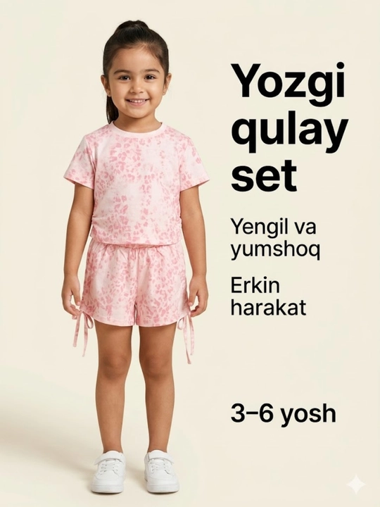 Летний розовый комплект для девочек, футболка и шорты, 3-6 лет - 