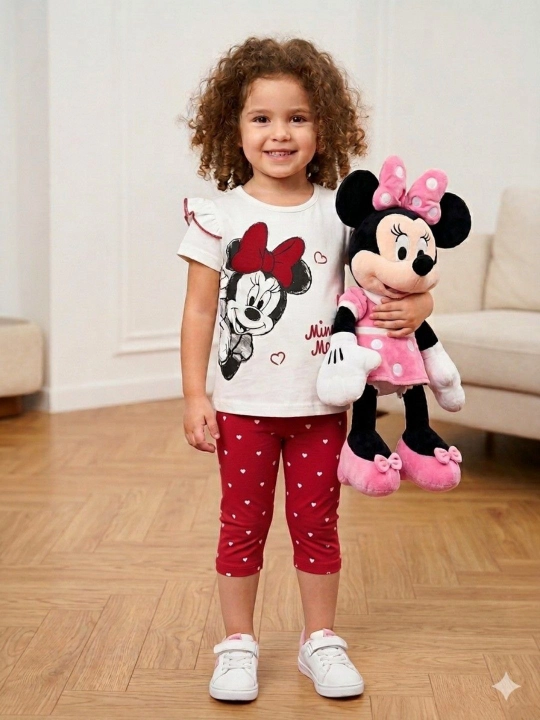 Qiz bolalar uchun Minnie Mouse printli yozgi komplekt, paxta, 1-2 yosh - 