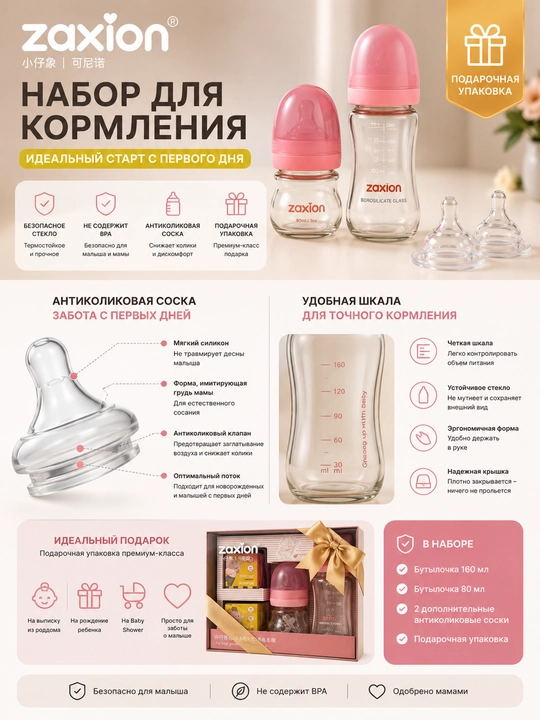Подарочный набор для новорожденных, стеклянные, антиколиковые 160 и 80 мл + 2 соски