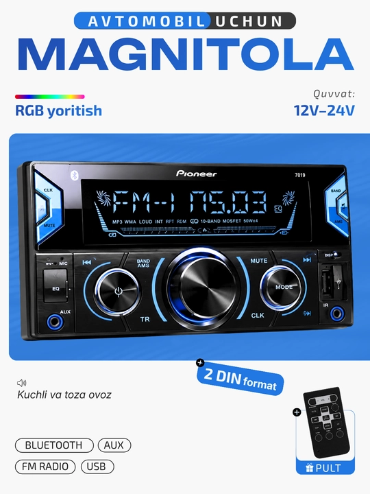 Avtomagnitola Pioneer.GD, MP3/USB/AUX/MicroSD/FM Radio/Bluetooth, magnitofon - 