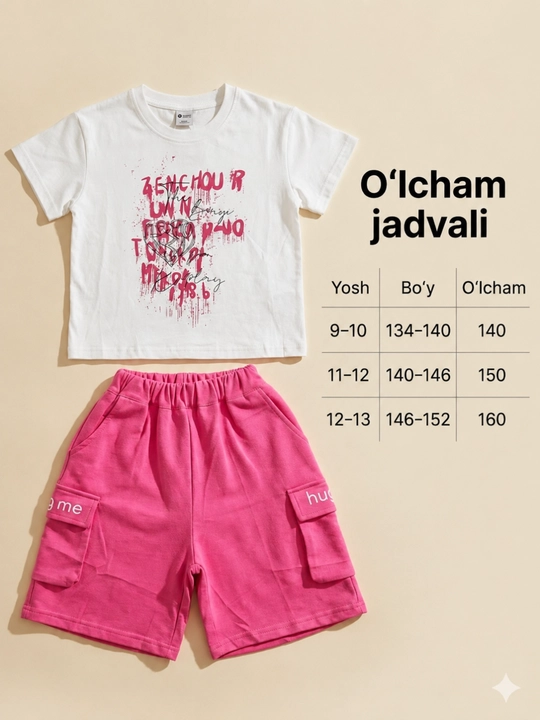 Qizlar uchun yozgi sport set, futbolka va shortik, qulay kiyim, 9-13 yosh