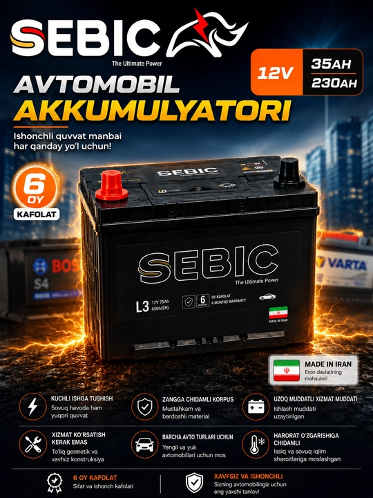 SEBIC avtomobil akkumulyatori 12V 35A–225A Eron mahsuloti 6 oy kafolat