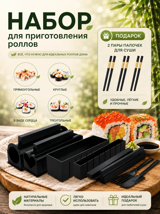 Sushi tayyorlash to‘plami, roll yasash moslamasi, sushi aparat, sushi tayoqchalari - 