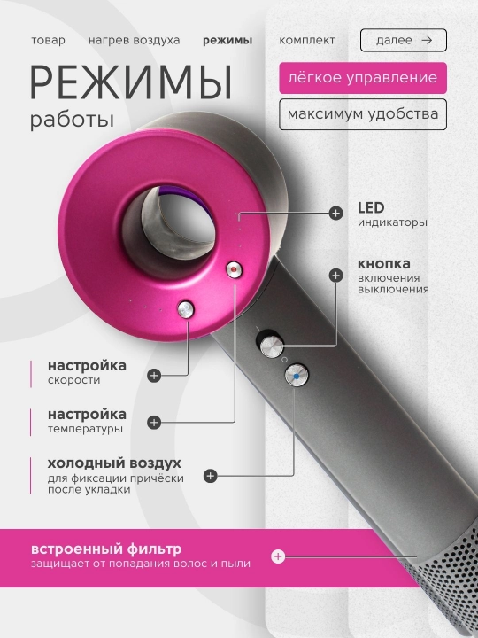 Фен для волос LEAFLESS, Профессиональный фен для волос 5 в 1 с насадками