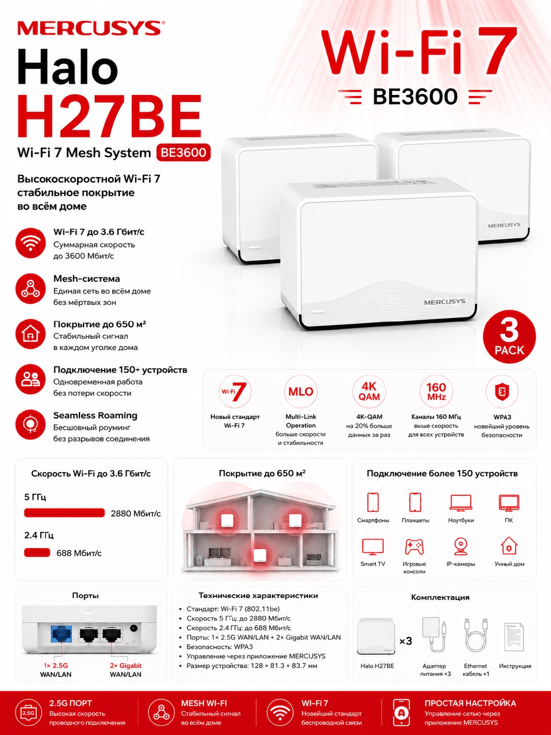 Mesh-система Wi-Fi 7 Mercusys Halo H27BE, BE3600 - 