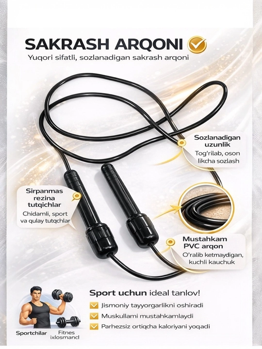 Fitnes va boks uchun 3 m tezkor sakrash arqoni, uzunligi sozlanadi