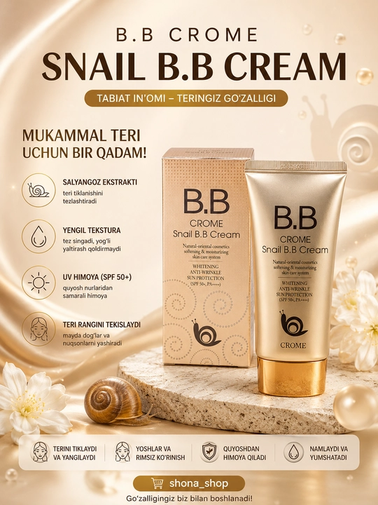Nafis yuzlar uchun oqartiruvchi tonal krem BB krem Crome Snail SPF 50+, 50 ml - 