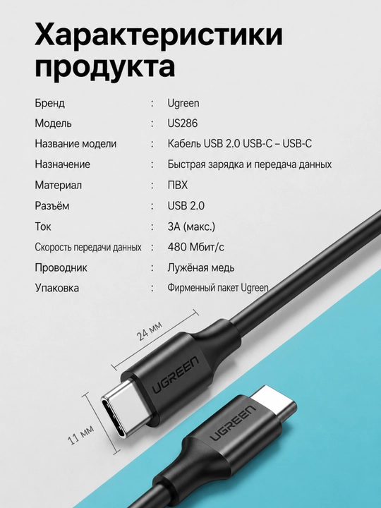 UGREEN 60Вт Кабель для быстрой зарядки , чёрный USB-C US286