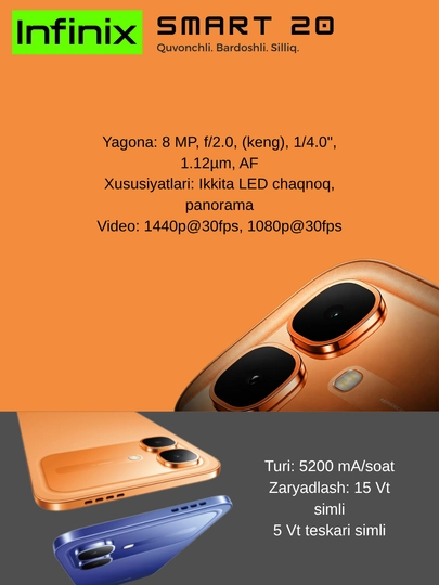 Infinix Smart 20, 6, 78-дюймовый IPS LCD-дисплей, HD+, 5200 мАч, MediaTek HelioG81Ultimate