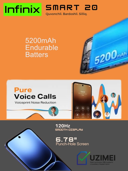 Infinix Smart 20, 6, 78-дюймовый IPS LCD-дисплей, HD+, 5200 мАч, MediaTek HelioG81Ultimate