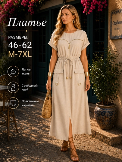 Женское длинное платье DEGO, размеры 46–62 (M–7XL) свободный крой, с карманами, на молнии — DEGO-207-БЕЖЕВ-50